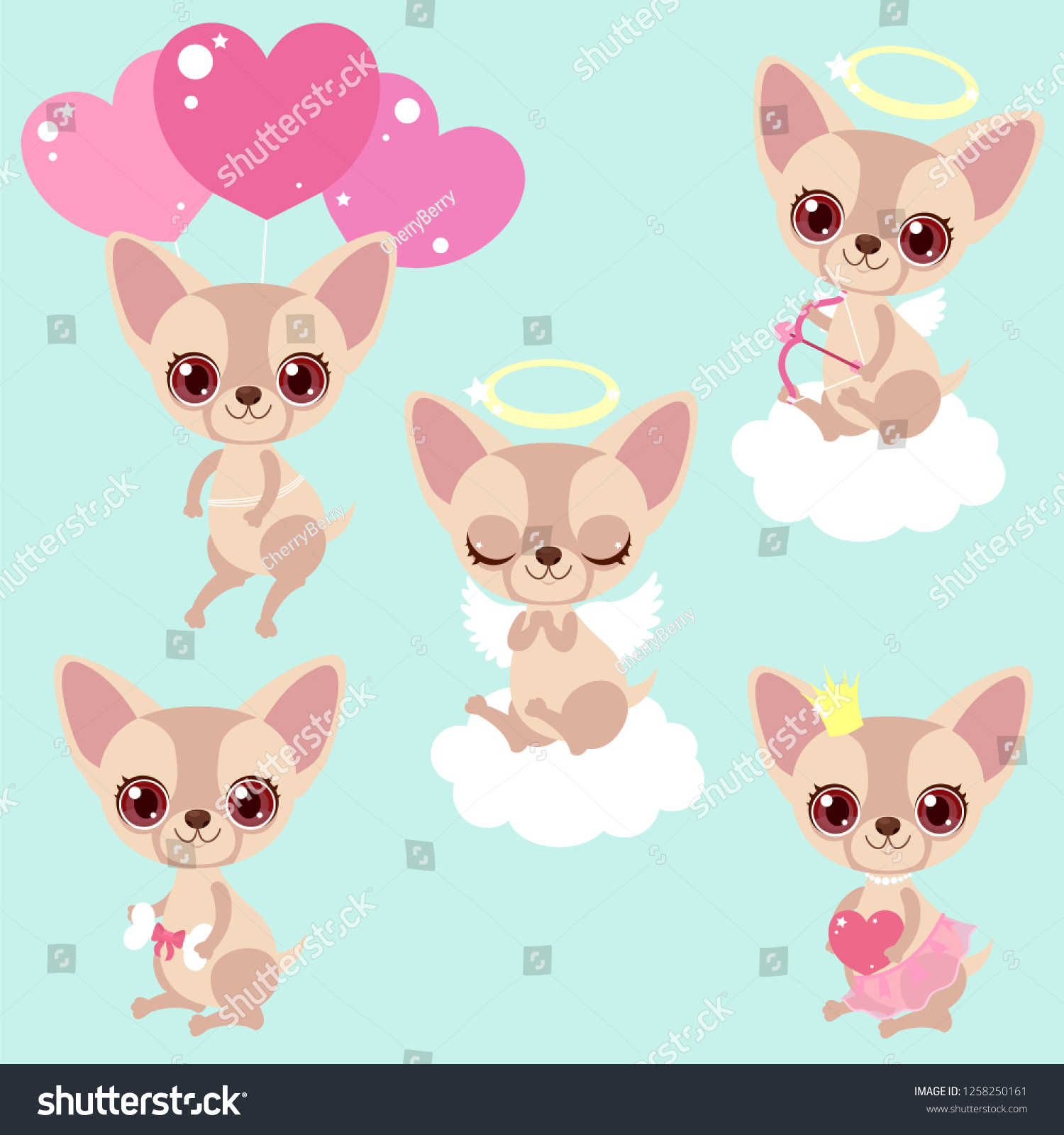 Stock vector set of cute chihuahua dogs for congratulations for a birthday or valentine s day romantic stickers 1258250161