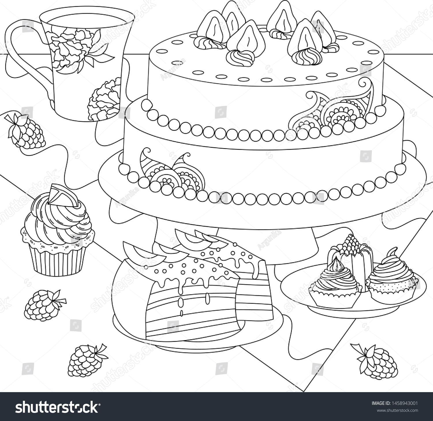Stock vector handdrawn doodle cake with berries for coloring book for adults 1458943001