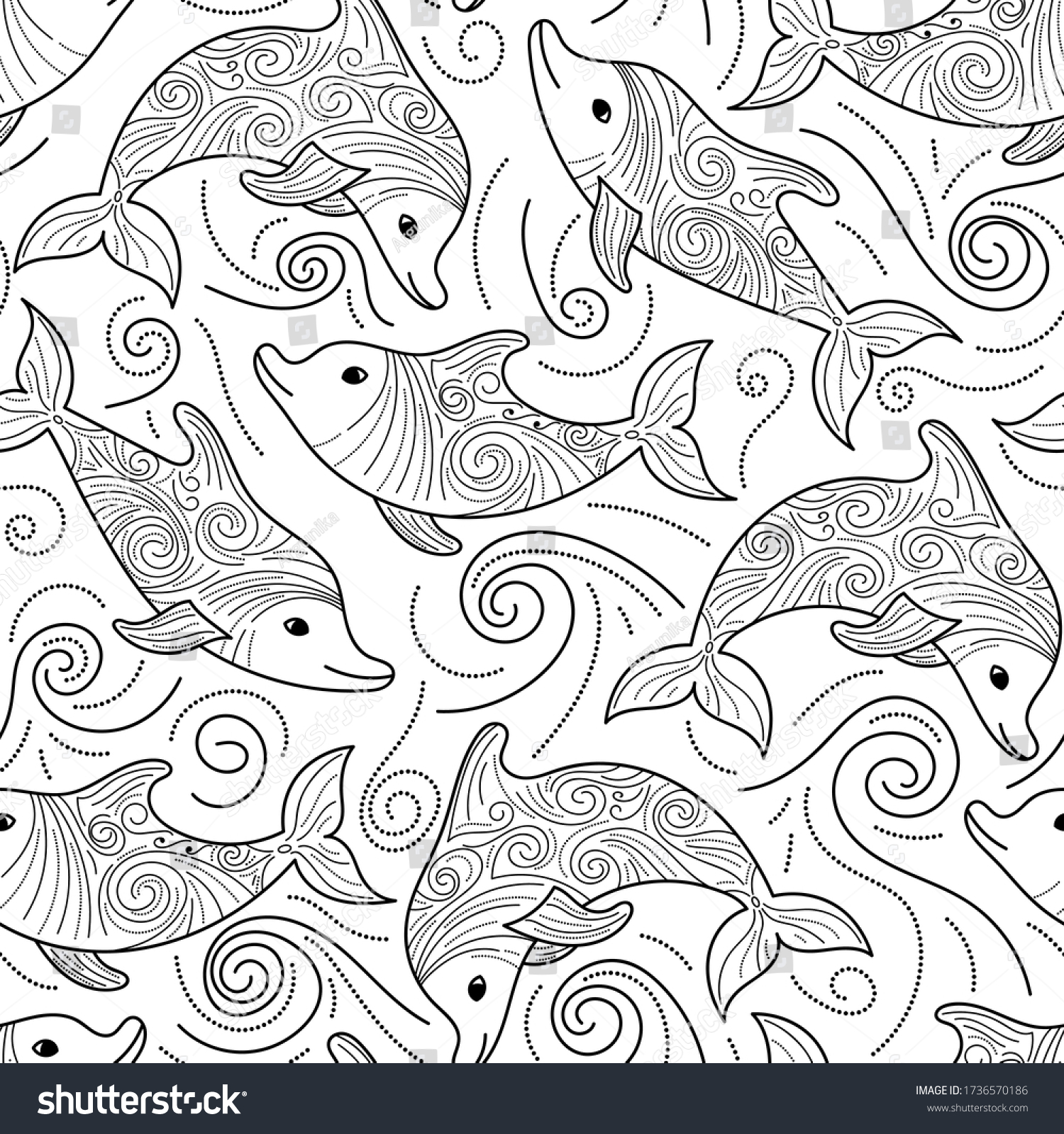 Stock vector zentangle stylized set sea animals black dolphin isolated on white background hand drawn aquatic 1736570186