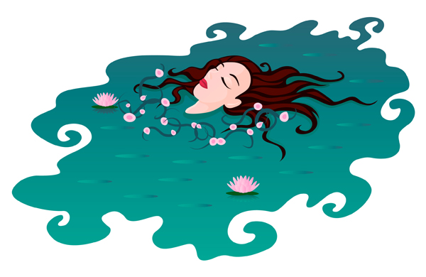 Woman lying in water with flowers of lotus