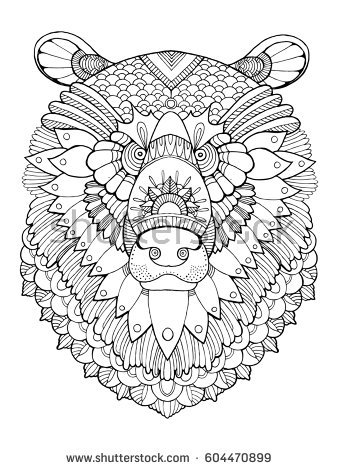 Stock photo bear head coloring book raster illustration black and white lines lace pattern 604470899