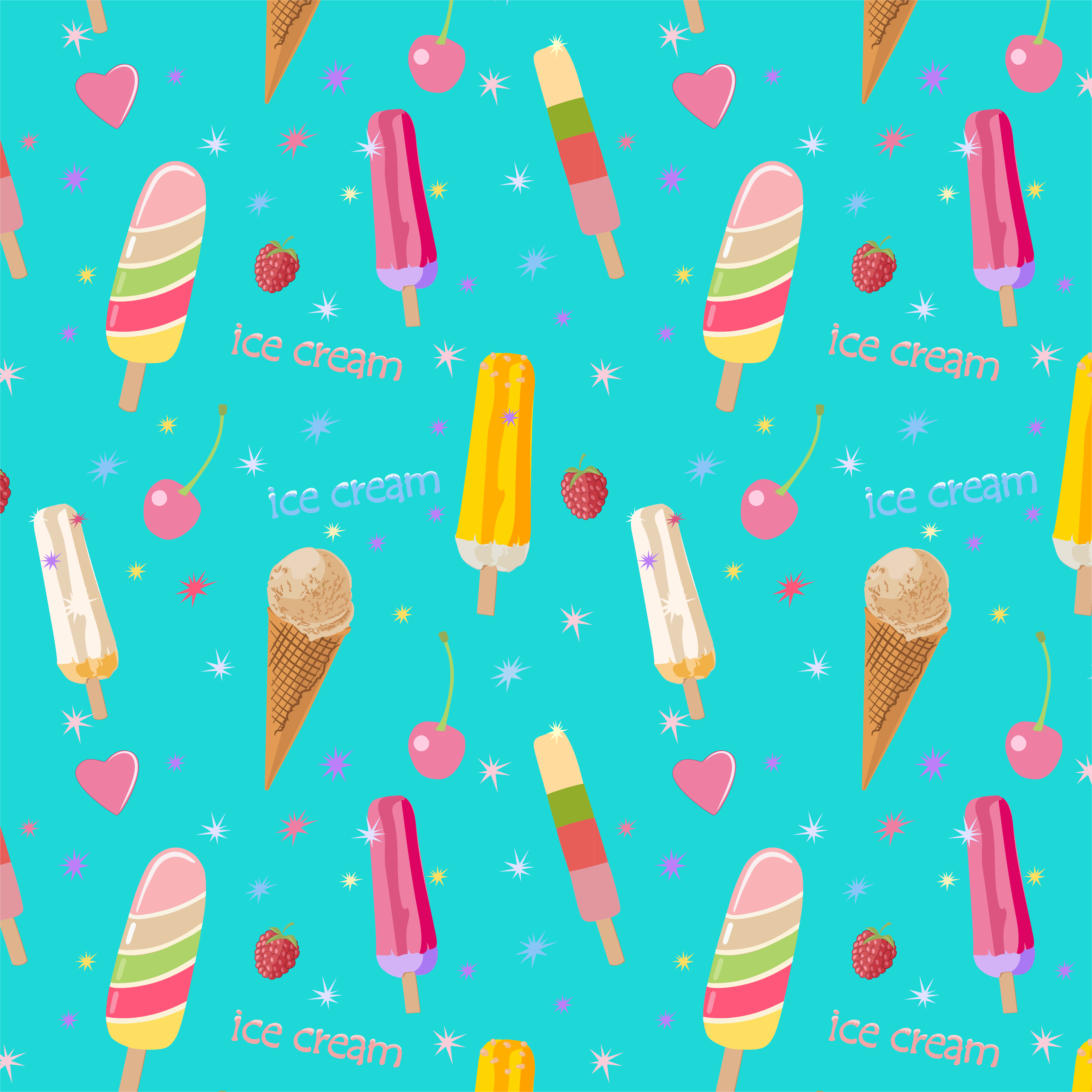 Pattern with different types of ice cream and cherries and raspberries 2