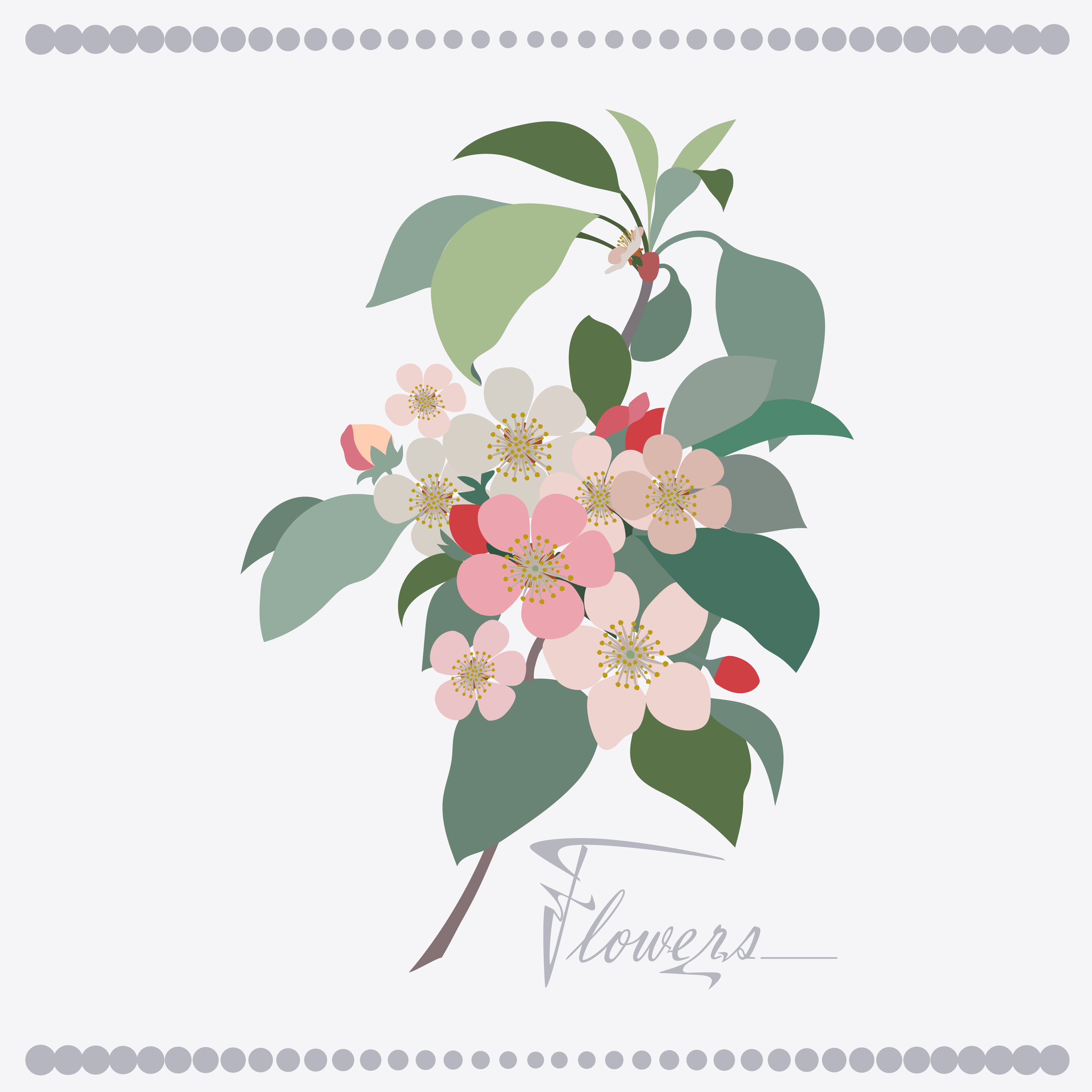 Composition of a branch of a flowering apple tree and an inscription