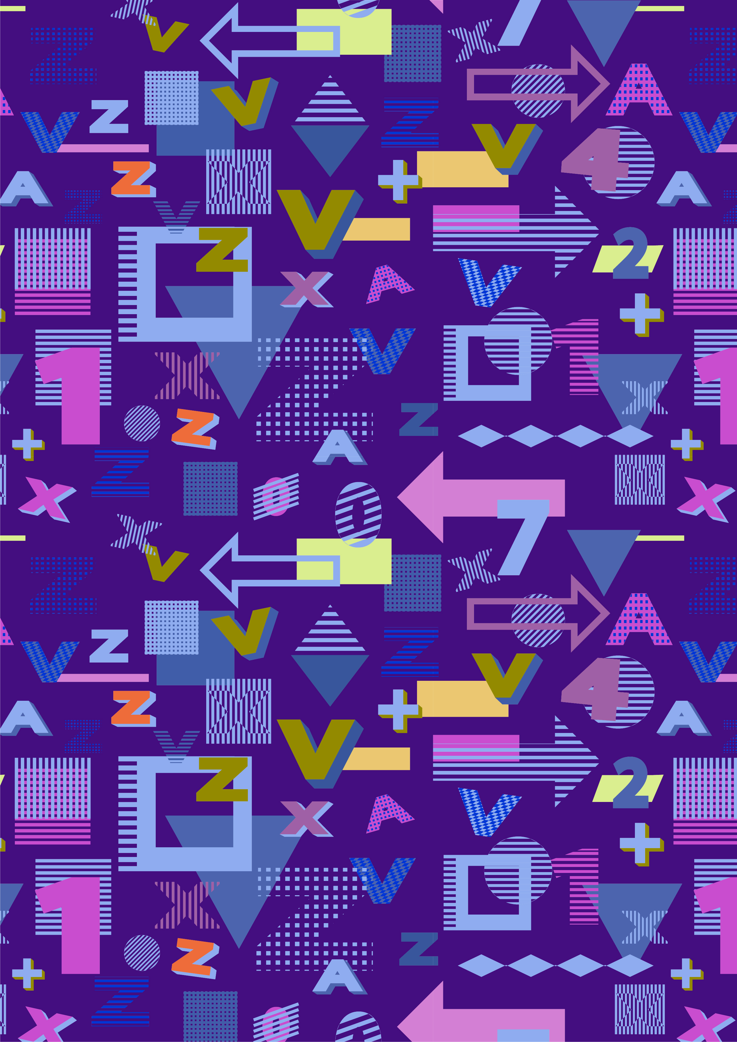 A pattern of numbers  letters and geometric stylized shapes 1
