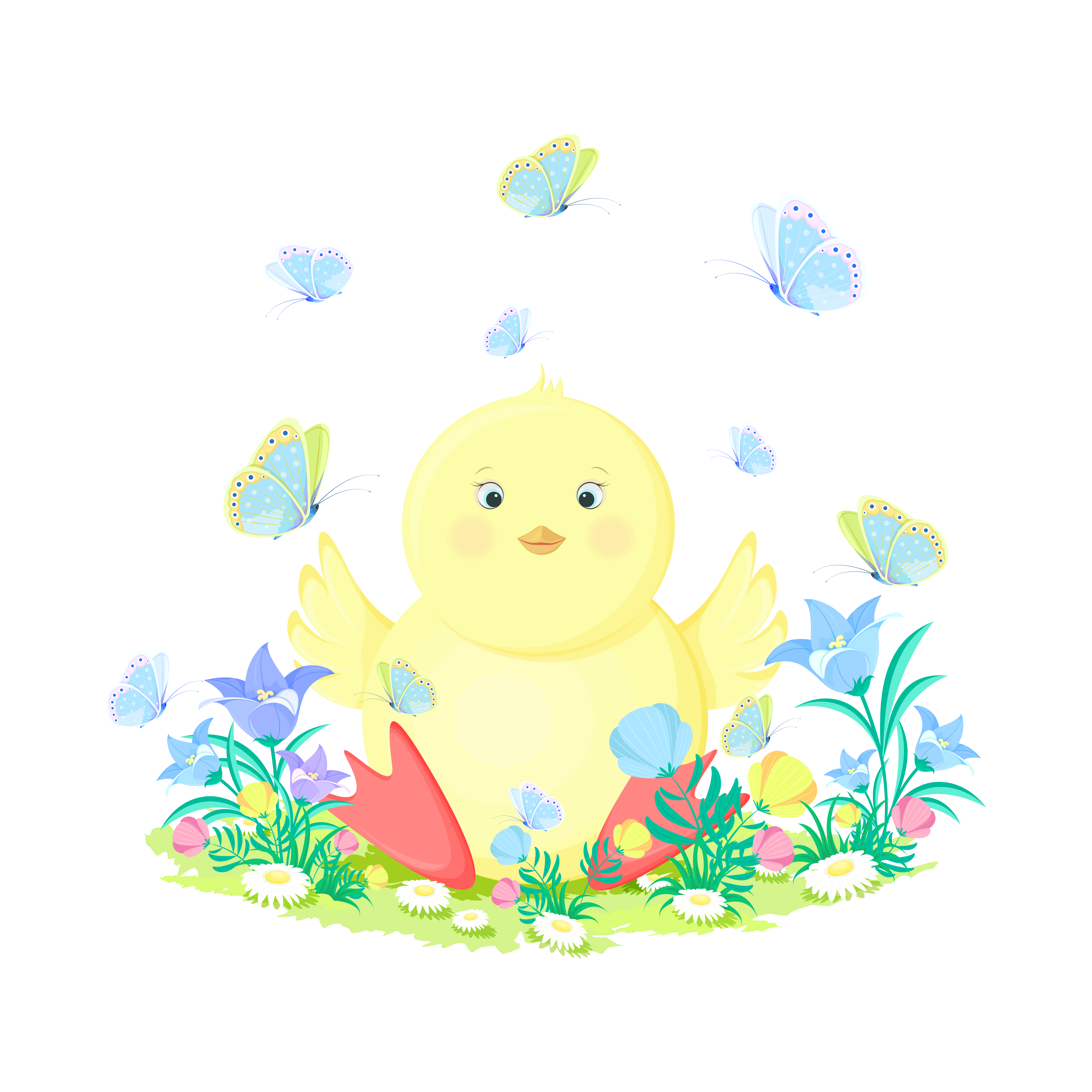 Chicken in flowers and butterflies