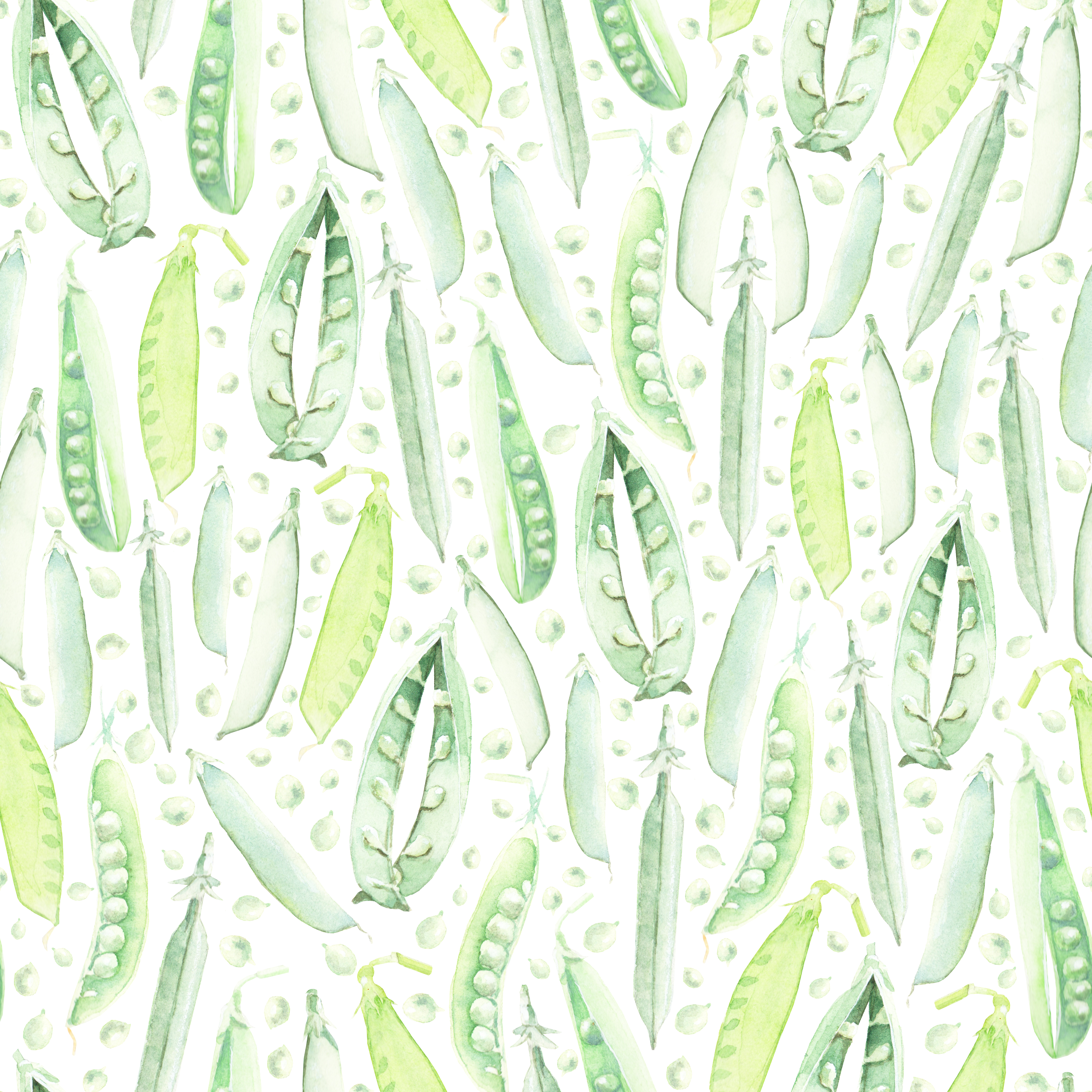 Pattern with seeds and pods of green peas isolated on a white background