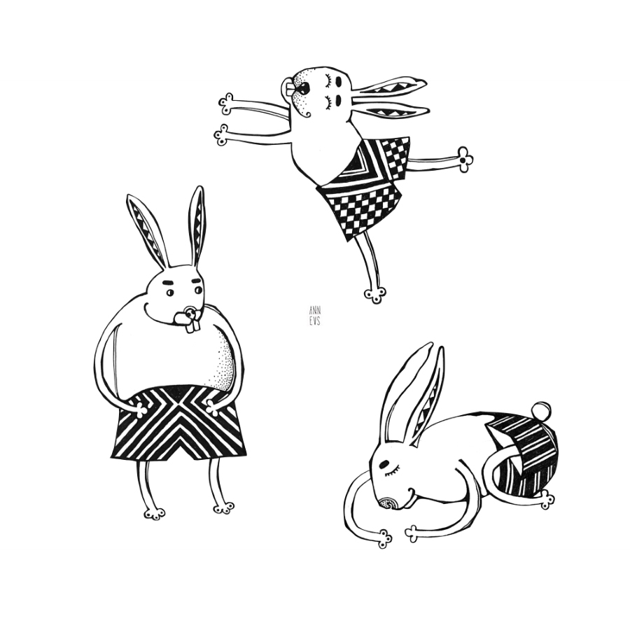 26 set of three rabbits drawn in black outline on a white background w