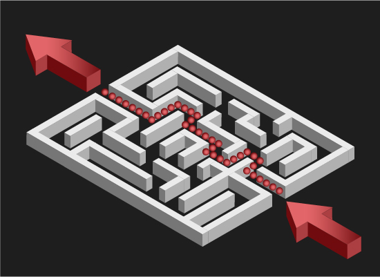 Vector illustration maze arrow red 3d exit point correct clue out of a confusing situation  solving a question