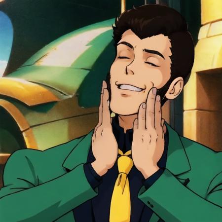 11126 3361825893   lupin  feelsgood  closed eyes     hands on face  closeup  1boy  green jacket  yellow tie  black shirt