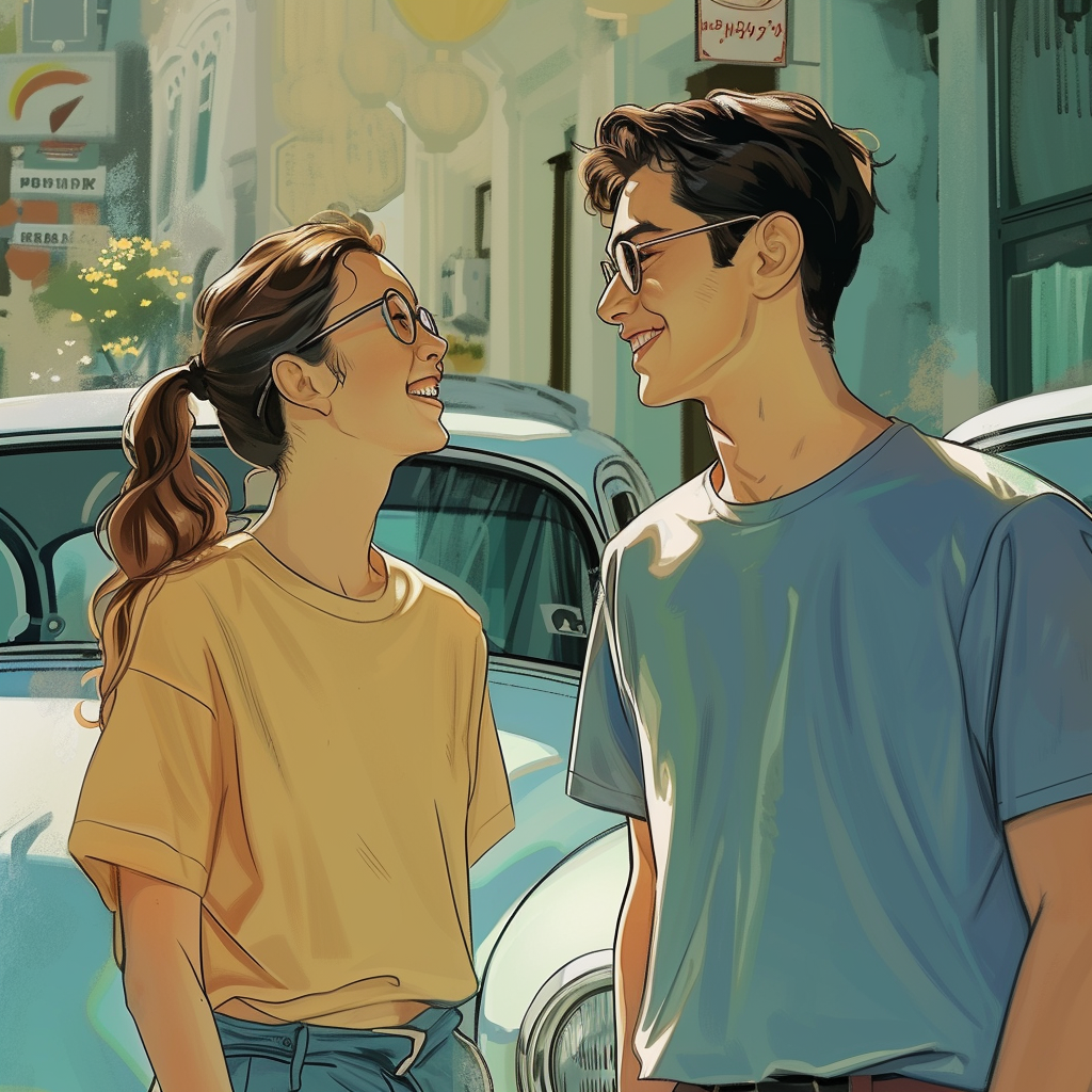 Puvar young man and girl look at each other and smile against t de7ced0b 801b 46ab aa42 115c026cfe72