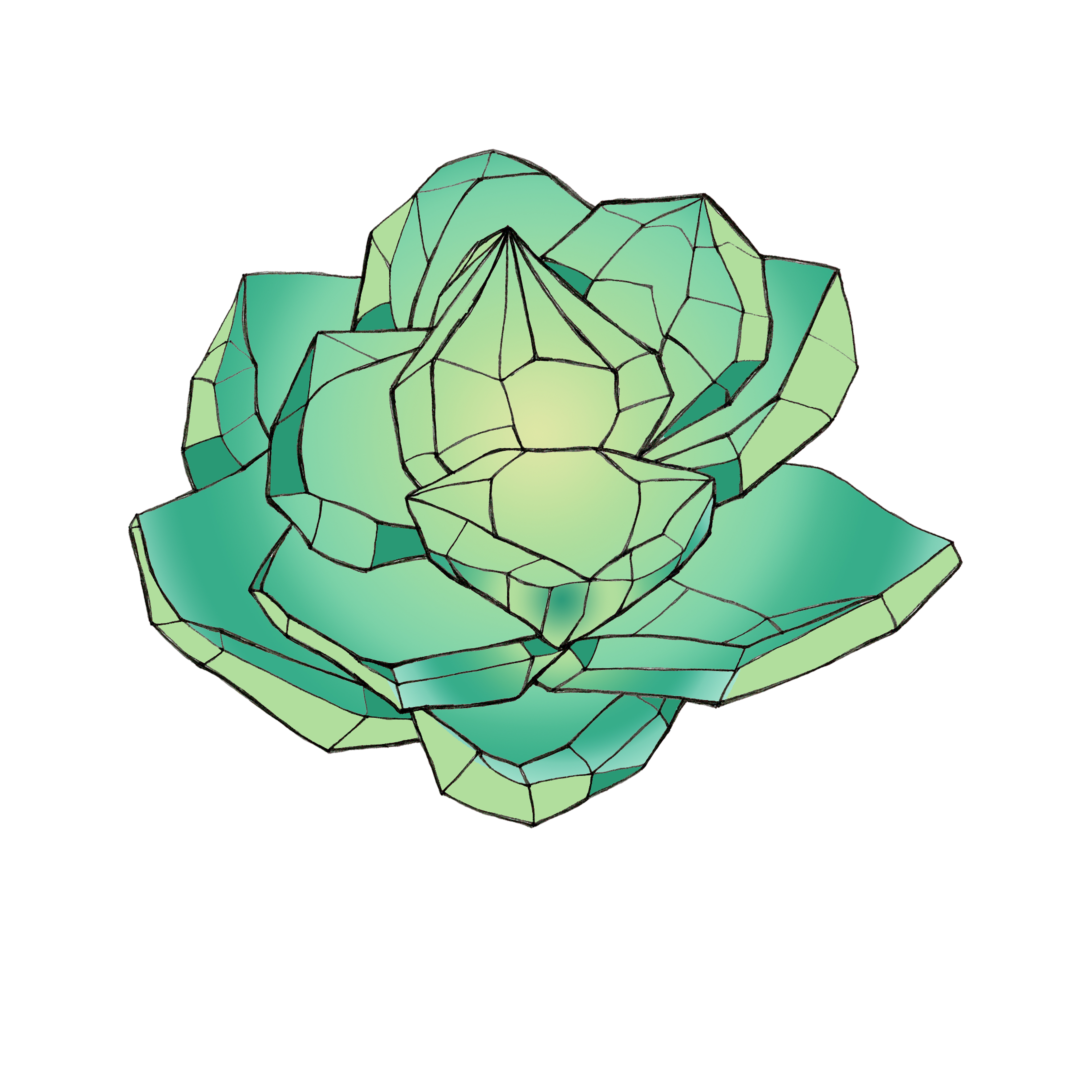 Multi tiered sunny yellow emerald round flower with voluminous petals in the shape of faceted crystals