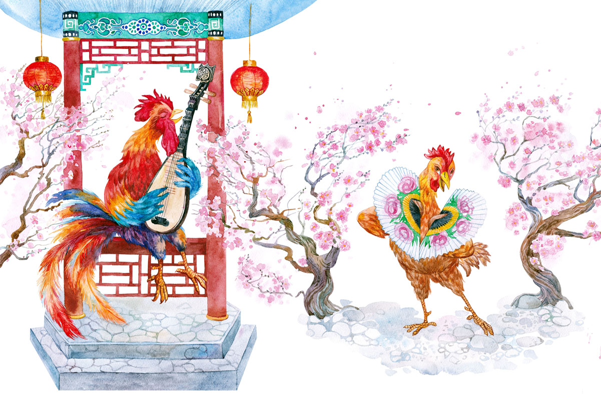 The cock plays the pipa and chicken dance