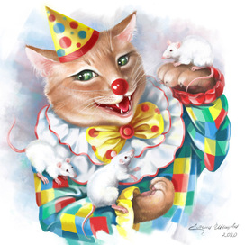 The cat is a circus performer. The red-haired clown.