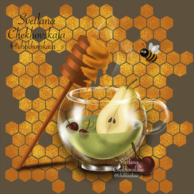 Collection of honey tea. Illustration for packaging. Matcha tea with pear and cherry.