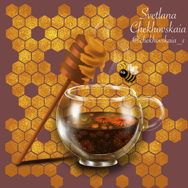 Collection of honey tea. Illustration for packaging. Black tea with calendula and sea buckthorn.