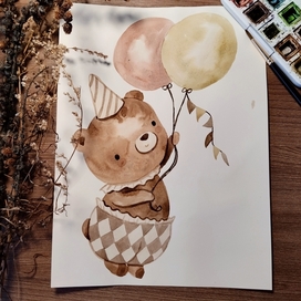 Watercolor bear on balloon