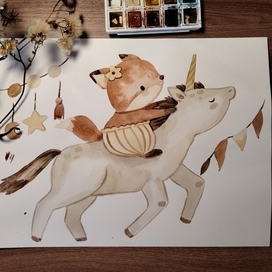 Watercolor Fox and unicorn