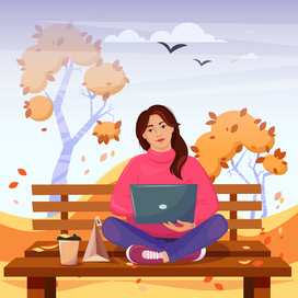 A girl on a bench with a laptop, an autumn day, a park. 