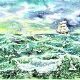 watercolor, Seagulls over the waves