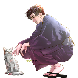 A character in yukata with a cat