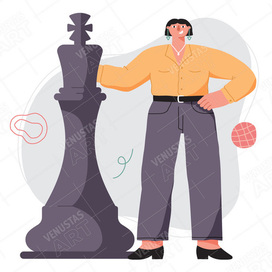 Woman character and chess piece. Vector illustration