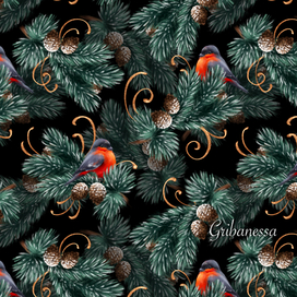 Bullfinch bird. Christmas seamless pattern