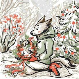 Sebastian the Little Wolf and a Christmas wreath