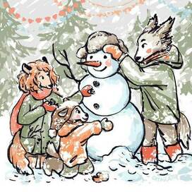 Sebastian the Little Wolf is making a snowman