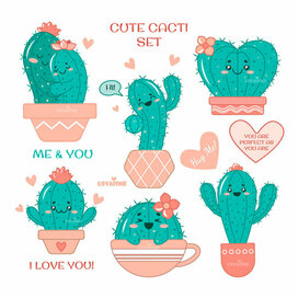 A collection of cute cartoon cacti in a flower pot.