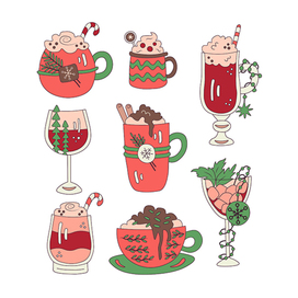 Vector set with hand drawn Christmas drinks and cocktails