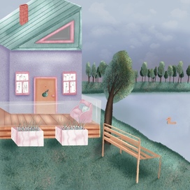 Children's illustration "house by the lake"