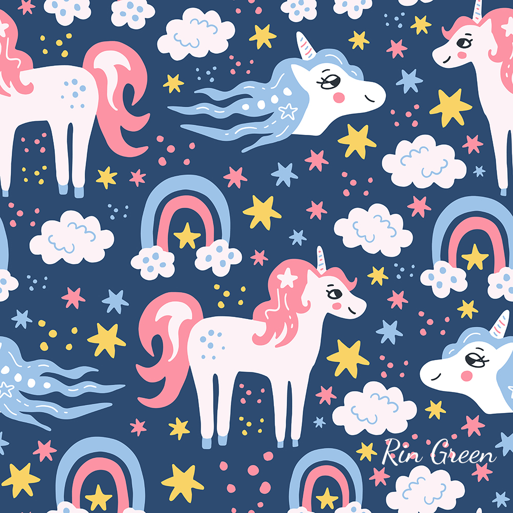 Childish seamless pattern with rainbow unicorn and stars