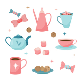 Set of tea utensils and sweets for stickers