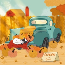 Illustration for the Kalendar 2023 with cute cat on the blue car with pumpkins in october 