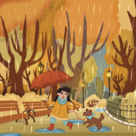 Illustration for the Calendar 2023 girl with dog walring throught the park with umbrella unter the rain book iillustration characters