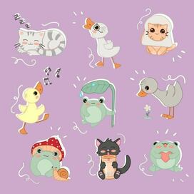 Cute characters: frog, duck and cat/ vector illustration and stickers