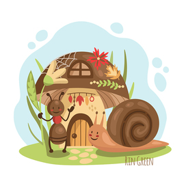 Childish vector illustration with  ant snail mushroom