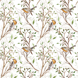 Seamless watercolor pattern with robin birds