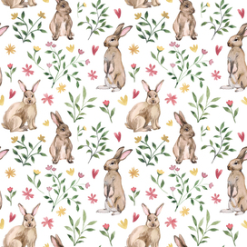 Watercolor seamless pattern with rabbits and flowers