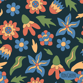 Vector seamless pattern with groovy flowers