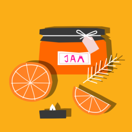 Christmas vector illustration with oranges, jam and a candle