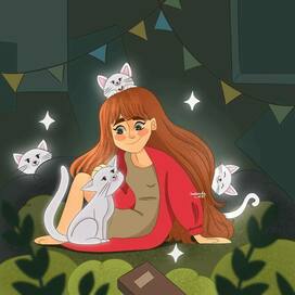 Illustration girl with cats / Draw this in your style