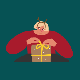 woman in red sweater packs a New Year's gift. Vector illustration in the Flat style