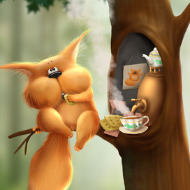 Squirrel drinks tea