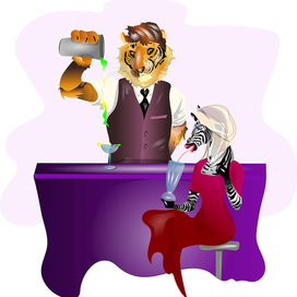 Cheerful tiger bartender pouring a cocktail to zebra in a bar