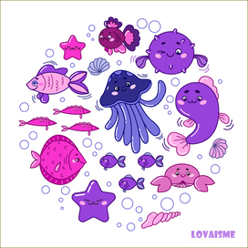 A Collection of Vector Fish and Marine Animals in the Doodle Style. Vector Graphics