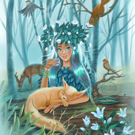 fairy, forest, animals, illustration, cute