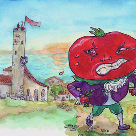 Senor Tomato. Cipollino fairy tale illustration for the ending