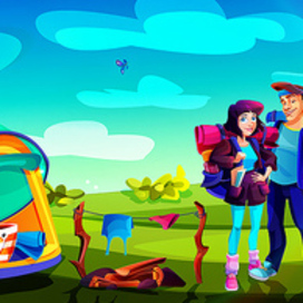 A guy and a girl are tourists with a bulldog and wards against the background of a summer sunny landscape. Camping concept in cartoon style.