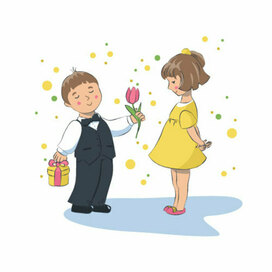 The boy gives the girl a flower